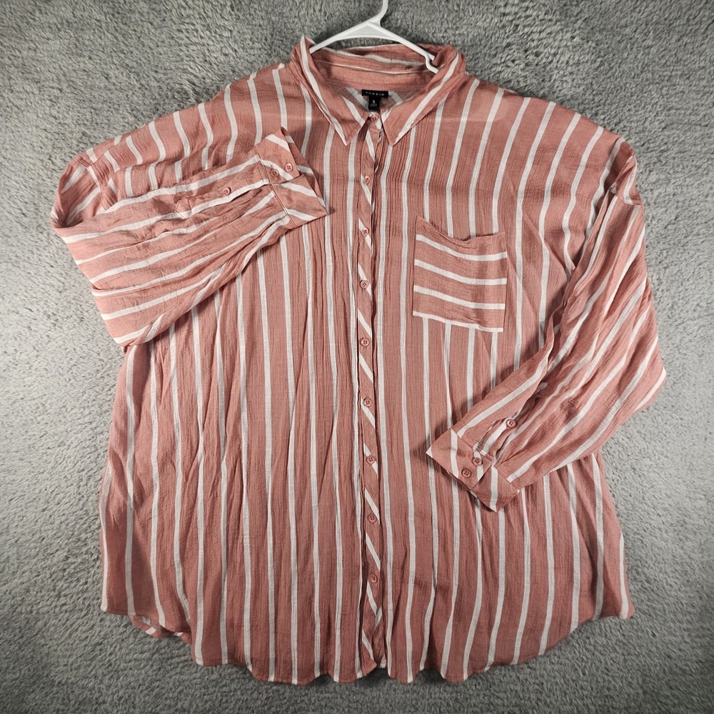 Torrid Button‎ Front Shirt Womens 5X Pink Striped LS Gauzy Casual Preppy Career